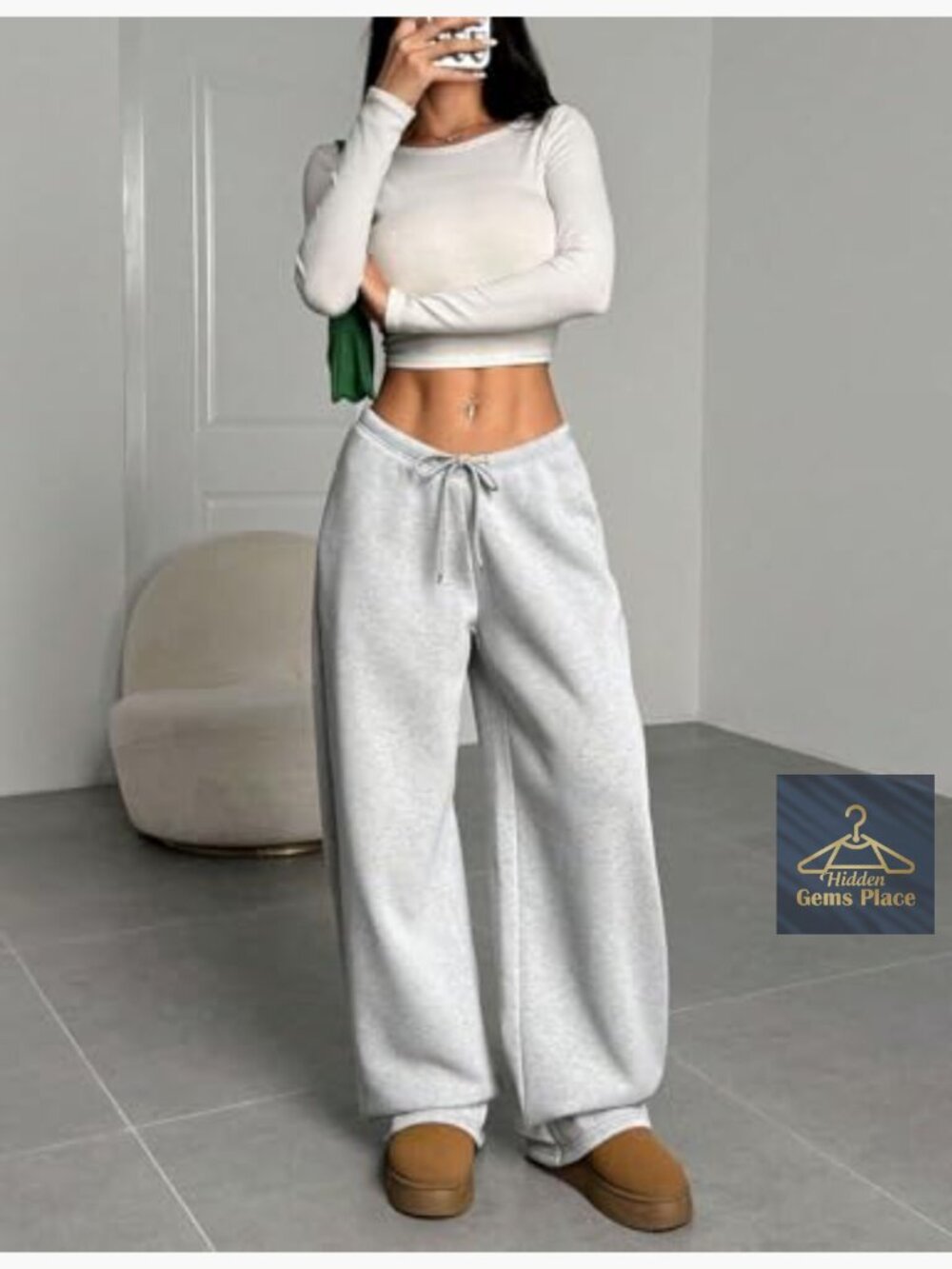 Fleece Lined Wide Leg Sweatpants High Waist with Pockets - Picture 5 of 7